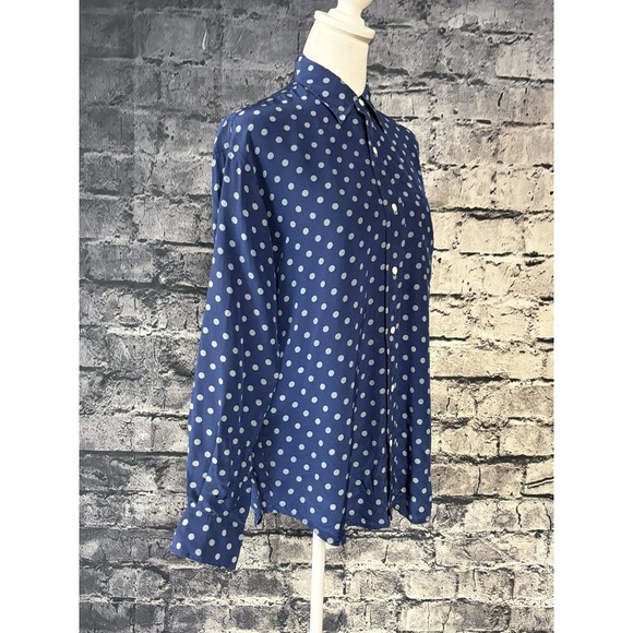 Ralph Lauren Shirt Womens 8 Blue Polka Dot 100% Silk Button Up Long Sleeve - Picture 2 of 14